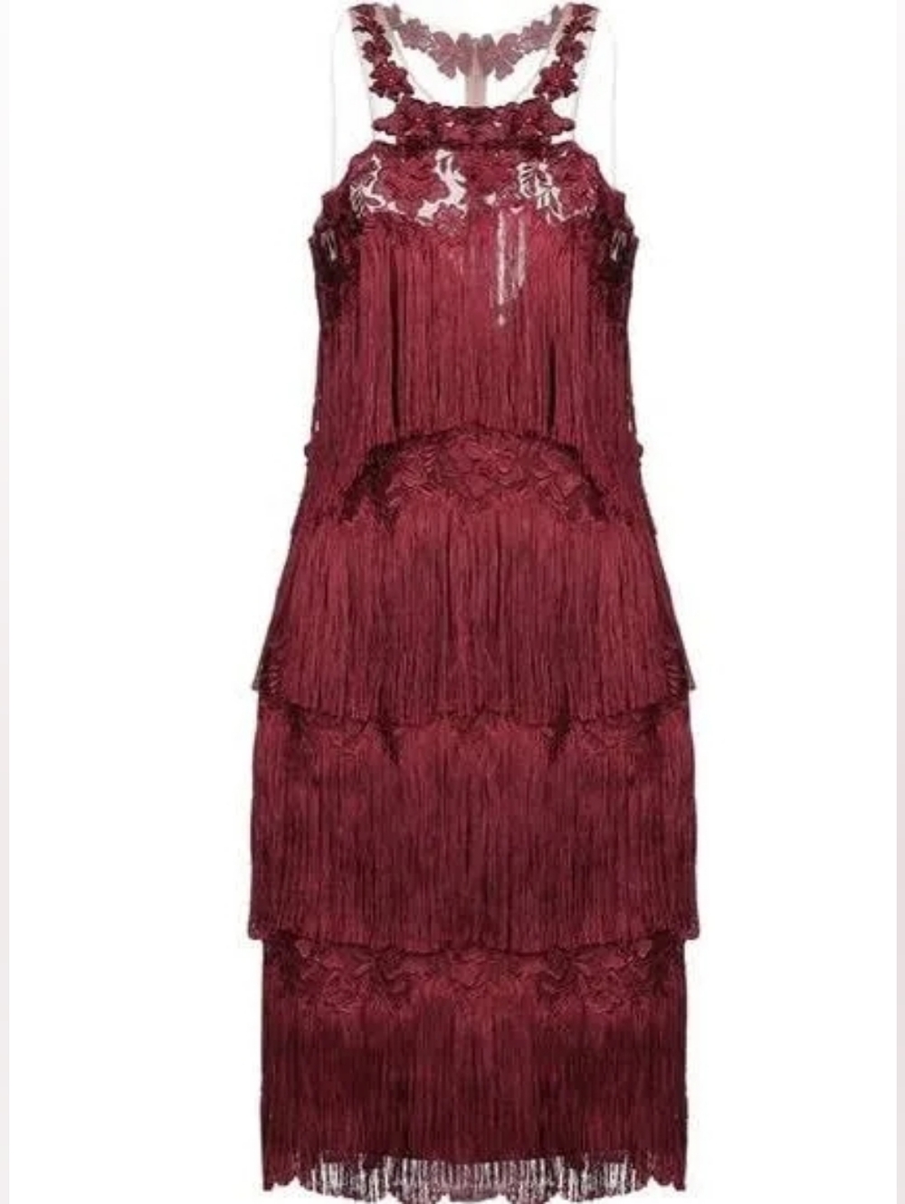 New Women's Fringed Wine Embroidered Cocktail Dress By Marchesa Notte. Size 2 - Picture 3 of 16
